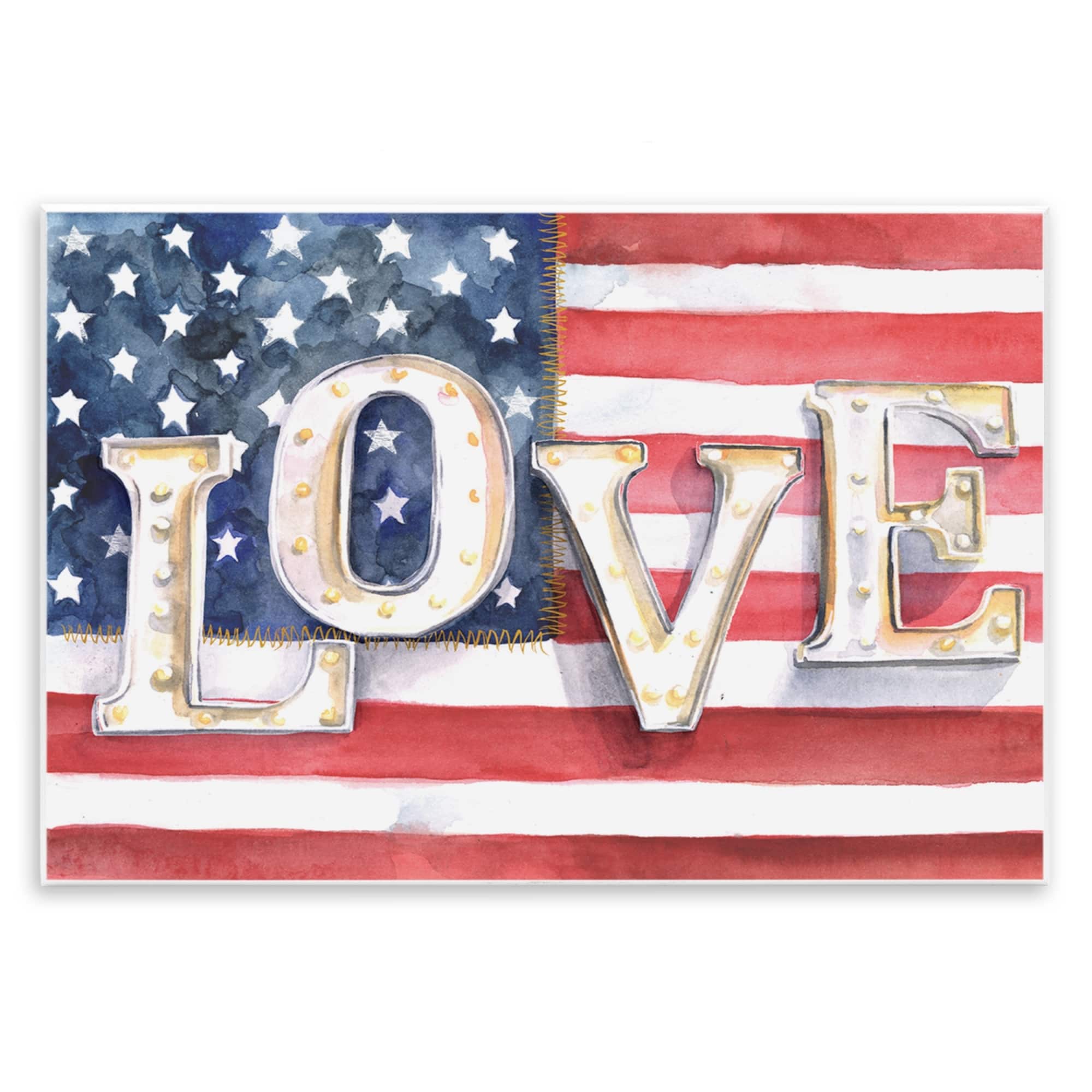 Stupell Industries Vintage Love Text Over Stitched American Flag Wall Plaque Art